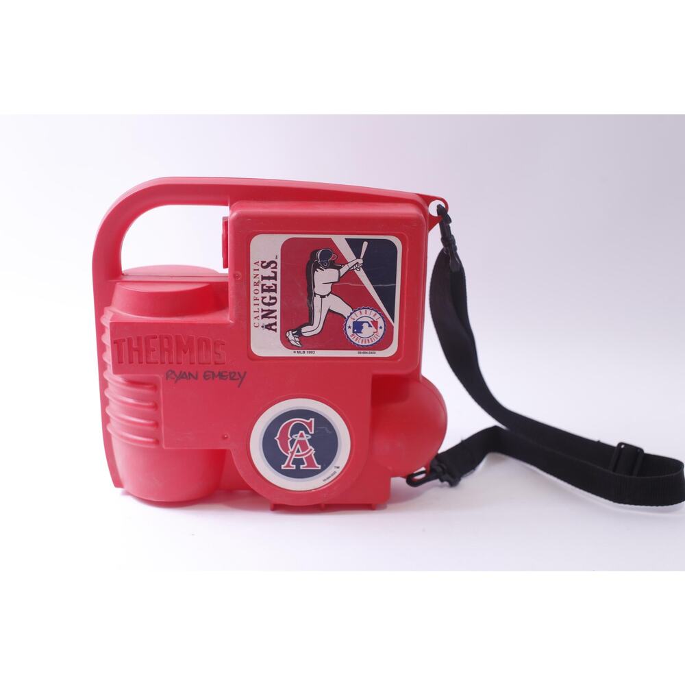 California Angels Red Plastic Lunch Box, 1993, MLB, Baseball Thermos, Travel